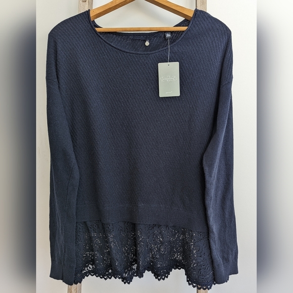 Anthropologie Sweaters - Anthropologie Knitted and Knotted navy blue scoop neck sweater with lace peplum